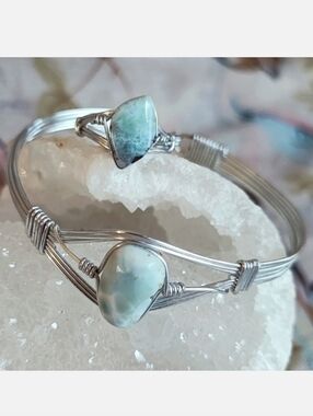 Stone Wire Wrapped Ring and Bracelet Silver Tone Set Vintage Artisan Handmade